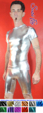 Mens Smooth Front Bike Length shorts shown in Silver Metallic Foil coated Spandex, custom made by Suzi Fox.
Custom made to your measurements!
• Available in gold, silver, copper, gunmetal, turquoise, Royal blue, red, green, purple, fuchsia, black faux leather/rubber Metallic Foil and any fabric on this site.
• 1 inch no-roll elastic at the waist.
• Optional belt loops.
• Optional rear patch pockets.
• Your choice of inseam and rise. 9 inch inseam is standard.
• Made in the U.S.A.