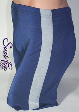 Men's Side Stripe, Bike Length shorts shown in Navy Blue Milliskin Tricot Spandex, custom made by Suzi Fox. Shown with steel gray milliskin stripe.
Custom made to your measurements!
• Available in black, white, red, royal blue, sky blue, turquoise, purple, green, neon green, hunter green, neon pink, neon orange, athletic gold, lemon yellow, steel gray Miilliskin Tricot spandex and any fabric on this site.
• 1 inch no-roll elastic at the waist.
• Optional belt loops.
• Optional rear patch pockets.
• Optional 1 or 2-slider crotch zipper.
• Your choice of inseam. 9 inch inseam shown (bike length).
• Made in the U.S.A.