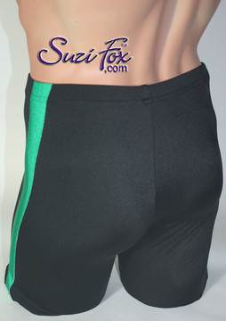 Mens Side Stripe, Bike Length shorts shown in Black and Green Milliskin Tricot Spandex, custom made by Suzi Fox.
Custom made to your measurements!
• Available in black, white, red, royal blue, sky blue, turquoise, purple, green, neon green, hunter green, neon pink, neon orange, athletic gold, lemon yellow, steel gray Miilliskin Tricot spandex and any fabric on this site.
• 1 inch no-roll elastic at the waist.
• Optional belt loops.
• Optional rear patch pockets.
• Optional 1 or 2-slider crotch zipper.
• Your choice of inseam. 9 inch inseam shown (bike length).
• Made in the U.S.A.