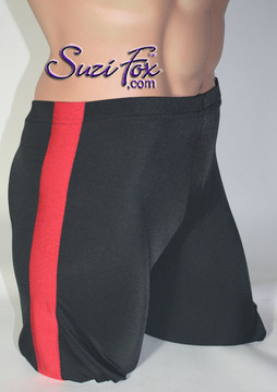 Mens Side Stripe, Bike Length shorts shown in Black and Red Milliskin Tricot Spandex, custom made by Suzi Fox.
Custom made to your measurements!
• Available in black, white, red, royal blue, sky blue, turquoise, purple, green, neon green, hunter green, neon pink, neon orange, athletic gold, lemon yellow, steel gray Miilliskin Tricot spandex and any fabric on this site.
• 1 inch no-roll elastic at the waist.
• Optional belt loops.
• Optional rear patch pockets.
• Optional 1 or 2-slider crotch zipper.
• Your choice of inseam. 9 inch inseam shown (bike length).
• Made in the U.S.A.