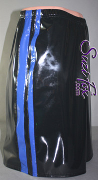 Mens Basketball or Board shorts shown in Black with Blue Stripes Vinyl/PVC Spandex, custom made by Suzi Fox.
• Available in black, white, red, navy blue, royal blue, turquoise, purple, Neon Pink, fuchsia, light pink, matte black (no shine), matte white (no shine), black 3D Prism, red 3D Prism, Turquoise 3D Prism, Baby Blue 3D Prism, Hot Pink 3D Prism, and any fabric on this site.
• 1 inch no-roll elastic at the waist.
• Optional belt loops.
• Optional rear patch pockets.
• Optional drawstring.
• Made in the U.S.A.