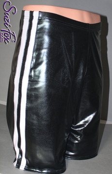 Mens Basketball or Board shorts shown in Black Faux Leather Metallic Foil with White Wetlook stripes, custom made by Suzi Fox.
• Available in gold, silver, copper, gunmetal, turquoise, Royal blue, red, green, purple, fuchsia, black faux leather/rubber Metallic Foil, and any fabric on this site.
• 1 inch no-roll elastic at the waist.
• Optional belt loops.
• Optional rear patch pockets.
• Optional drawstring.
• Made in the U.S.A.
