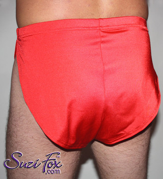 Men's V front, Split Side Running/ Cover-Up Shorts shown in Red Milliskin Tricot Spandex, custom made by Suzi Fox.
• Available in black, white, red, royal blue, sky blue, turquoise, purple, green, neon green, hunter green, neon pink, neon orange, athletic gold, lemon yellow, steel gray Miilliskin Tricot spandex, and any fabric on this site.
• 1 inch no-roll elastic at the waist.
• Front inside pouch.
• The A15's are a "V" shape in the front, with less fabric on the front of the leg, and a very thin crotch. Commonly worn by runners and marathon participants, the A15's offer less chafing between the legs and does not inhibit the legs.
• Made in the U.S.A.