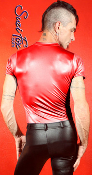 Men's Tee Shirt shown in Red Wetlook Lycra Spandex, custom made by Suzi Fox.
• Choose your sleeve length.
• Give us your measurements for a custom fit!
• Standard length is 24 inches (61 cm) for sizes XXXS-Medium; 27 inches (68.6 cm) for sizes Large and up.
• Optional add extra length to the shirt.
• Made in the U.S.A.