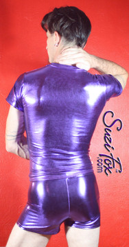 Mens Tee Shirt shown in Purple Metallic Foil Spandex, custom made by Suzi Fox.
• Available in gold, silver, copper, gunmetal, turquoise, Royal blue, red, green, purple, fuchsia, black faux leather/rubber Metallic Foil, and any fabric on this site.
• Choose your sleeve length.
• Give us your measurements for a custom fit!
• Standard length is 24 inches (61 cm) for sizes XXXS-Medium; 27 inches (68.6 cm) for sizes Large and up.
• Optional add extra length to the shirt.
• Made in the U.S.A.