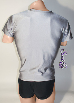 Mens V Neck Tee Shirt shown in Steel Gray Milliskin Tricot Spandex, custom made by Suzi Fox.
• Available in black, white, red, royal blue, sky blue, turquoise, purple, green, neon green, hunter green, neon pink, neon orange, athletic gold, lemon yellow, steel gray Miilliskin Tricot spandex, and any fabric on this site.
• Choose your sleeve length.
• Give us your measurements for a custom fit!
• Standard length is 24 inches (61 cm) for sizes XXXS-Medium; 27 inches (68.6 cm) for sizes Large and up.
• Optional add extra length to the shirt.
• Made in the U.S.A.