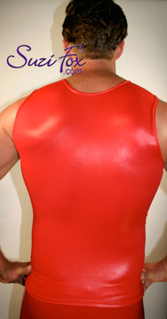 Mens Muscle Tee Shirt shown in Red Wetlook Lycra Spandex, custom made by Suzi Fox.
• Give us your measurements for a custom fit!
• Standard length is 24 inches (61 cm) for sizes XXXS-Medium; 27 inches (68.6 cm) for sizes Large and up.
• Optional add extra length to the shirt.
• Made in the U.S.A.