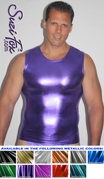 Mens Muscle Tee Shirt shown in Purple Metallic Foil Spandex, custom made by Suzi Fox.
• Available in gold, silver, copper, gunmetal, turquoise, Royal blue, red, green, purple, fuchsia, black faux leather/rubber Metallic Foil, and any fabric on this site.
• Give us your measurements for a custom fit!
• Standard length is 24 inches (61 cm) for sizes XXXS-Medium; 27 inches (68.6 cm) for sizes Large and up.
• Optional add extra length to the shirt.
• Made in the U.S.A.