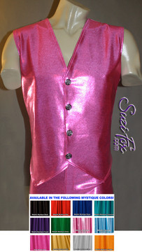 Mens V Front Vest in glittering Hot Pink Metallic Mystique Spandex, custom made by Suzi Fox.
Custom made to your measurements!
• Available in black, red, turquoise, green, purple, royal blue, hot pink/fuchsia, baby pink, baby blue, silver, copper, gold Metallic Mystique spandex, and any other fabric on this site.
Button front.
Made in the U.S.A.