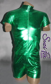 Mens Romper shown in Green Metallic Foil Spandex, custom made by Suzi Fox.
• Available in gold, silver, copper, gunmetal, turquoise, Royal blue, red, green, purple, fuchsia, black faux leather/rubber Metallic Foil, and any fabric on this site.
• Your choice of front or back zipper (front zipper shown).
• Optional 1 or 2-slider crotch zipper.
• Optional long sleeves.
• Optional wrist zippers
• Optional finger loops
• 4 inch inseam and 6 inch sleeve shown.
• Made in the U.S.A.