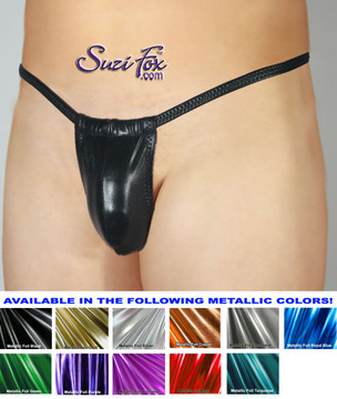 Men's Adjustable Pouch G-String thong - shown in Black Faux Leather Metallic Foil Spandex, custom made by Suzi Fox.
• Available in gold, silver, copper, gunmetal, turquoise, Royal blue, red, green, purple, fuchsia, black faux leather/rubber Metallic Foil or any fabric on this site.
• Standard front height is 6 inches (15.2 cm) tall.
• Available in 4, 5, 6, 7, 8, 9, and 10 inch front heights.
• Choose your pouch size!
Made in the U.S.A.