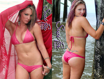 Womens Brazilian (3/4 rear coverage) Swim Suit bottom shown in Neon Pink  Milliskin Tricot Spandex, custom made by Suzi Fox.
• Custom made to your measurements.
• Available in any fabric on this site.
• Top sold separately. (T1 top shown)
• Made in the U.S.A.
• Images by Tasia