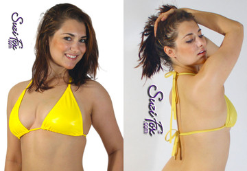 Adjustable Triangle String Bikini Top shown in Yellow Milliskin Tricot Spandex, custom made by Suzi Fox.
• Available in any fabric on this site.
• Bikini bottom sold separately. (B34 Micro Side Tie G-String Thong shown)
• Made in the U.S.A.