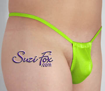 Men's Adjustable Pouch, G-String thong, shown in MIlliskin Tricot Spandex, custom made by Suzi Fox.
• Available in any fabric on this site.
• Standard front height is 5 inches (12.7 cm) tall.
• Available in 4, 5, 6, 7, 8, 9, and 10 inch front heights.
• Choose your pouch size!
Made in the U.S.A.