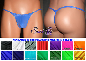 Men's Pouch front, G-String thong, shown in Royal Blue Milliskin Tricot Spandex, custom made by Suzi Fox.
5 inch tall front shown.
• Available in 3, 4, 5, 6, 7, 8, 9, and 10 inch front heights.
• Standard front height is 5 inches (12.7 cm) tall.
• Choose your pouch size!
• Wear as swimwear or underwear.
• You can choose any fabric on this site, including vinyl/PVC, Metallic Foil, Metallic Mystique, Wetlook Lycra Spandex, Milliskin Tricot Spandex. The vinyl/PVC is a latex alternative, great for people allergic to latex!
• Worldwide shipping.
• Made in the U.S.A.
We custom make every garment when you order it (including standard sizes).