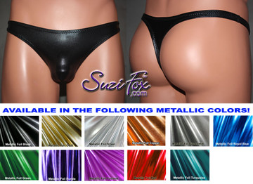 Men's Smooth Front, Wide Strap, T-Back thong - shown in Black Faux Leather Metallic Foil Spandex, custom made by Suzi Fox.
• Available in gold, silver, copper, gunmetal, turquoise, Royal blue, red, green, purple, fuchsia, black faux leather/rubber Metallic Foil or any fabric on this site.
• Standard front height is 7 inches (17.8 cm).
• Available in 3, 4, 5, 6, 7, 8, 9, and 10 inch front heights.
• Wear it as swimwear OR underwear!
• Made in the U.S.A.