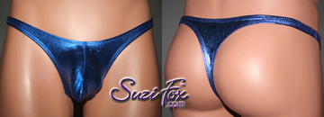 Men's Pouch Front, Wide Strap, T-Back thong - shown in Royal Blue Metallic Foil Spandex, custom made by Suzi Fox.
• Available in gold, silver, copper, gunmetal, turquoise, Royal blue, red, green, purple, fuchsia, black faux leather/rubber Metallic Foil or any fabric on this site.
• Standard front height is 6 inches (15.24 cm).
• Available in 3, 4, 5, 6, 7, 8, 9, and 10 inch front heights.
• Wear it as swimwear OR underwear!
• Made in the U.S.A.