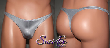 Mens Pouch Front, Wide Strap, T-Back thong - shown in Steel Milliskin Tricot Spandex, custom made by Suzi Fox.
• Standard front height is 6 inches (15.24 cm).
• Available in 3, 4, 5, 6, 7, 8, 9, and 10 inch front heights.
• Wear it as swimwear OR underwear!
• Made in the U.S.A.