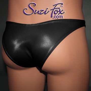 Mens Pouch Front, Wide Strap, Rio Bikini - shown in Black Wetlook Lycra Spandex, custom made by Suzi Fox.
• Available in black, white, red, turquoise, navy blue, royal blue, hot pink, lime green, green, yellow, steel gray, neon orange Wet Look or any fabric on this site.
• Standard front height is 7 inches (17.8 cm).
• Available in 4, 5, 6, 7, 8, 9, and 10 inch front heights.
• Wear it as swimwear OR underwear!
• Made in the U.S.A.