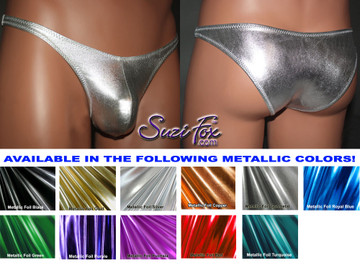 Mens Pouch Front, Wide Strap, Rio Bikini - shown in Silver Metallic Foil Spandex, custom made by Suzi Fox.
• Available in gold, silver, copper, gunmetal, turquoise, Royal blue, red, green, purple, fuchsia, black faux leather/rubber Metallic Foil or any fabric on this site.
• Standard front height is 7 inches (17.8 cm).
• Available in 4, 5, 6, 7, 8, 9, and 10 inch front heights.
• Wear it as swimwear OR underwear!
• Made in the U.S.A.