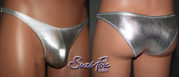 Mens Pouch Front, Wide Strap, Rio Bikini - shown in Silver Metallic Foil Spandex, custom made by Suzi Fox.
• Available in gold, silver, copper, gunmetal, turquoise, Royal blue, red, green, purple, fuchsia, black faux leather/rubber Metallic Foil or any fabric on this site.
• Standard front height is 7 inches (17.8 cm).
• Available in 4, 5, 6, 7, 8, 9, and 10 inch front heights.
• Wear it as swimwear OR underwear!
• Made in the U.S.A.