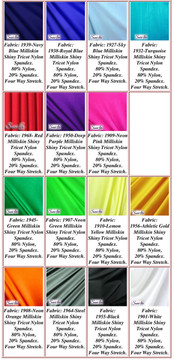 Milliskin Tricot Spandex Fabric.
Available in black, white, red, royal blue, sky blue, turquoise, purple, green, neon green, hunter green, neon pink, neon orange, athletic gold, lemon yellow, steel gray Miilliskin Tricot spandex. This is a 4-way extreme stretch fabric with a slight shine. Light, airy, thin, and very comfortable! Lighter colors might be slightly see through when wet.

Hand wash inside out in cold water, line dry. Iron inside out on low heat. Do not bleach.