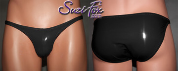 Mens Pouch Front, Wide Strap, Full Rear Bikini - shown in Gloss Black Vinyl/PVC Spandex, custom made by Suzi Fox.
• Available in black, white, red, navy blue, royal blue, turquoise, purple, Neon Pink, fuchsia, light pink, matte black (no shine), matte white (no shine), black 3D Prism, red 3D Prism, Turquoise 3D Prism, Baby Blue 3D Prism, Hot Pink 3D Prism Vinyl/PVC or any fabric on this site.
• Standard front height is 6 inches (15.2 cm).
• Available in 4, 5, 6, 7, 8, 9, and 10 inch front heights.
• Wear it as swimwear OR underwear!
• Made in the U.S.A.