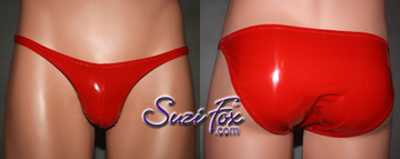Mens Pouch Front, Wide Strap, Full Rear Bikini - shown in Gloss Red Vinyl/PVC Spandex, custom made by Suzi Fox.
• Available in black, white, red, navy blue, royal blue, turquoise, purple, Neon Pink, fuchsia, light pink, matte black (no shine), matte white (no shine), black 3D Prism, red 3D Prism, Turquoise 3D Prism, Baby Blue 3D Prism, Hot Pink 3D Prism Vinyl/PVC or any fabric on this site.
• Standard front height is 6 inches (15.2 cm).
• Available in 4, 5, 6, 7, 8, 9, and 10 inch front heights.
• Wear it as swimwear OR underwear!
• Made in the U.S.A.