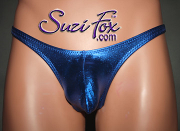 Mens Pouch Front, Wide Strap, Full Rear Bikini - shown in Royal Blue Metallic Foil Spandex, custom made by Suzi Fox.
• Available in gold, silver, copper, gunmetal, turquoise, Royal blue, red, green, purple, fuchsia, black faux leather/rubber Metallic Foil or any fabric on this site.
• Standard front height is 6 inches (15.2 cm).
• Available in 4, 5, 6, 7, 8, 9, and 10 inch front heights.
• Wear it as swimwear OR underwear!
• Made in the U.S.A.