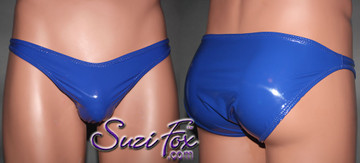 Mens Smooth Front, Wide Strap, Brazilian Bikini - shown in Gloss Royal Blue Vinyl/PVC Spandex, custom made by Suzi Fox.
• Available in black, white, red, navy blue, royal blue, turquoise, purple, Neon Pink, fuchsia, light pink, matte black (no shine), matte white (no shine), black 3D Prism, red 3D Prism, Turquoise 3D Prism, Baby Blue 3D Prism, Hot Pink 3D Prism Vinyl/PVC or any fabric on this site.
• Standard front height is 6 inches (15.24 cm) tall.
• Available in 4, 5, 6, 7, 8, 9, and 10 inch front heights.
• Wear it as swimwear OR underwear!
• Made in the U.S.A.