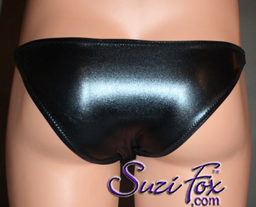 Mens Smooth Front, Skinny Strap, Brazilian Bikini - shown in Black Faux Leather Metallic Foil Spandex, custom made by Suzi Fox.
• Available in gold, silver, copper, gunmetal, turquoise, Royal blue, red, green, purple, fuchsia, black faux leather/rubber Metallic Foil or any fabric on this site.
• Standard front height is 5 inches (12.7 cm).
• Available in 4, 5, 6, 7, 8, 9, and 10 inch front heights.
• Wear it as swimwear OR underwear!
• Made in the U.S.A.