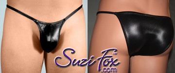 Men's Contoured Pouch, Skinny Strap, Brazilian Bikini - shown in Black Wet Look Lycra Spandex, custom made by Suzi Fox.
• Standard front height is 5 inches (12.7 cm) tall.
• Available in 4, 5, 6, 7, 8, 9, and 10 inch front heights.
• Choose your pouch size!
• Wear it as swimwear or underwear!
Made in the U.S.A.