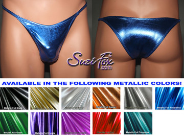 Men's Smooth Front, Skinny Strap, Tanga (1/4 rear coverage) Bikini - shown in Royal Blue Metallic Foil Spandex, custom made by Suzi Fox.
• Available in gold, silver, copper, gunmetal, turquoise, Royal blue, red, green, purple, fuchsia, black faux leather/rubber Metallic Foil or any fabric on this site.
• Standard front height is 7 inches (17.8 cm).
• Available in 3, 4, 5, 6, 7, 8, 9, and 10 inch front heights.
• Choose your rear style and size!
• Wear it as swimwear or underwear!
Made in the U.S.A.
