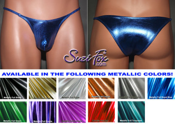Men's Pouch Front, Skinny Strap, Tanga Bikini - shown in Royal Blue Metallic Foil Spandex, custom made by Suzi Fox.
• Available in gold, silver, copper, gunmetal, turquoise, Royal blue, red, green, purple, fuchsia, black faux leather/rubber Metallic Foil or any fabric on this site.
• Standard front height is 6 inches (15.24 cm).
• Available in 3, 4, 5, 6, 7, 8, 9, and 10 inch front heights.
• Choose your rear style and size!
• Choose your pouch size!
• Wear it as swimwear or underwear!
Made in the U.S.A.