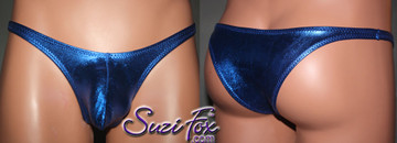 Men's Pouch Front, Wide Strap, Tanga Bikini - shown in Royal Blue Metallic Foil Spandex, custom made by Suzi Fox.
• Available in gold, silver, copper, gunmetal, turquoise, Royal blue, red, green, purple, fuchsia, black faux leather/rubber Metallic Foil or any fabric on this site.
• Standard front height is (7 inches (17.8 cm).
• Available in 3, 4, 5, 6, 7, 8, 9, and 10 inch front heights.
• Choose your pouch size!
• Wear it as swimwear or underwear!
Made in the U.S.A.