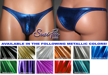 Men's Pouch Front, Wide Strap, Tanga Bikini - shown in Royal Blue Metallic Foil Spandex, custom made by Suzi Fox.
• Available in gold, silver, copper, gunmetal, turquoise, Royal blue, red, green, purple, fuchsia, black faux leather/rubber Metallic Foil or any fabric on this site.
• Standard front height is (7 inches (17.8 cm).
• Available in 3, 4, 5, 6, 7, 8, 9, and 10 inch front heights.
• Choose your pouch size!
• Wear it as swimwear or underwear!
Made in the U.S.A.