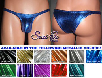 Men's Contoured Pouch Front, Wide Strap, Tanga Bikini - shown in Royal Blue Metallic Foil Spandex, custom made by Suzi Fox.
• Available in gold, silver, copper, gunmetal, turquoise, Royal blue, red, green, purple, fuchsia, black faux leather/rubber Metallic Foil or any fabric on this site.
• Standard front height is (6 inches (15.2 cm).
• Available in 3. 4, 5, 6, 7, 8, 9, and 10 inch front heights.
• Choose your pouch size!
• Wear it as swimwear or underwear!
Made in the U.S.A.