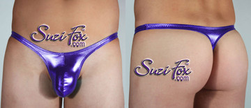 Mens Contoured Pouch Front, Wide Strap, T-Back thong - shown in Purple Metallic Foil Spandex, custom made by Suzi Fox.
• Available in gold, silver, copper, gunmetal, turquoise, Royal blue, red, green, purple, fuchsia, black faux leather/rubber Metallic Foil or any fabric on this site.
• Standard front height is 7 inches (17.8 cm).
• Available in 4, 5, 6, 7, 8, 9, and 10 inch front heights.
• Wear it as swimwear OR underwear!
• Made in the U.S.A.