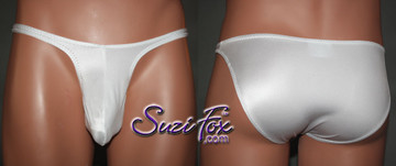 Mens Contoured Pouch Front, Wide Strap, Full Rear bikini - shown in White Wetlook Lycra Spandex, custom made by Suzi Fox.
• Available in black, white, red, turquoise, navy blue, royal blue, hot pink, lime green, green, yellow, steel gray, neon orange Wet Look or any fabric on this site.
• Standard front height is 8 inches (20.3 cm).
• Available in 4, 5, 6, 7, 8, 9, and 10 inch front heights.
• Wear it as swimwear OR underwear!
• Made in the U.S.A.