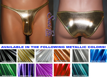 Mens Well Endowed, Contoured Pouch Front, Wide Strap, Rio Bikini - shown in Gold Metallic Foil Spandex, custom made by Suzi Fox.
• Available in gold, silver, copper, gunmetal, turquoise, Royal blue, red, green, purple, fuchsia, black faux leather/rubber Metallic Foil or any fabric on this site.
• Standard front height is 8 inches (20.3 cm).
• Available in 4, 5, 6, 7, 8, 9, and 10 inch front heights.
• Wear it as swimwear OR underwear!
• Made in the U.S.A.