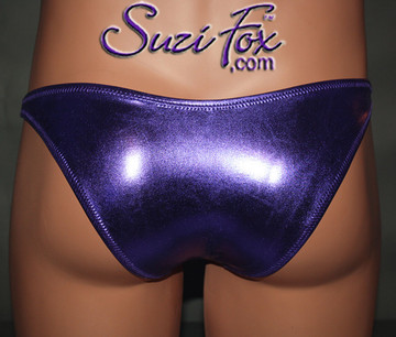 Mens Contoured Pouch Front, Wide Strap, Rio Bikini - shown in Purple Metallic Foil Spandex, custom made by Suzi Fox.
• Available in gold, silver, copper, gunmetal, turquoise, Royal blue, red, green, purple, fuchsia, black faux leather/rubber Metallic Foil or any fabric on this site.
• Standard front height is 8 inches (20.3 cm).
• Available in 4, 5, 6, 7, 8, 9, and 10 inch front heights.
• Wear it as swimwear OR underwear!
• Made in the U.S.A.