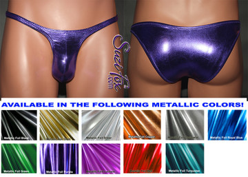 Mens Contoured Pouch Front, Wide Strap, Rio Bikini - shown in Purple Metallic Foil Spandex, custom made by Suzi Fox.
• Available in gold, silver, copper, gunmetal, turquoise, Royal blue, red, green, purple, fuchsia, black faux leather/rubber Metallic Foil or any fabric on this site.
• Standard front height is 8 inches (20.3 cm).
• Available in 4, 5, 6, 7, 8, 9, and 10 inch front heights.
• Wear it as swimwear OR underwear!
• Made in the U.S.A.