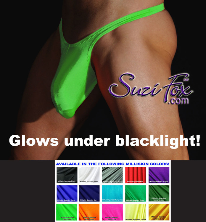 Well Endowed Mens Contoured Pouch Front, Wide Strap Bikini or Thong - shown in Neon Green Milliskin Tricot Spandex, custom made by Suzi Fox.
• Available in black, white, red, royal blue, sky blue, turquoise, purple, green, neon green, hunter green, neon pink, neon orange, athletic gold, lemon yellow, steel gray Miilliskin Tricot spandex or any fabric on this site.
• Standard front height is 7 inches (17.8 cm).
• Available in 4, 5, 6, 7, 8, 9, and 10 inch front heights.
• Choose your pouch size!
• Choose your rear style!
• Wear it as swimwear OR underwear!
• Made in the U.S.A.