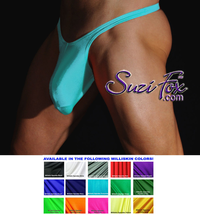 Well Endowed Mens Contoured Pouch Front, Wide Strap Bikini or Thong - shown in Turquoise Milliskin Tricot Spandex, custom made by Suzi Fox.
• Available in black, white, red, royal blue, sky blue, turquoise, purple, green, neon green, hunter green, neon pink, neon orange, athletic gold, lemon yellow, steel gray Miilliskin Tricot spandex or any fabric on this site.
• Standard front height is 7 inches (17.8 cm).
• Available in 4, 5, 6, 7, 8, 9, and 10 inch front heights.
• Choose your pouch size!
• Choose your rear style!
• Wear it as swimwear OR underwear!
• Made in the U.S.A.