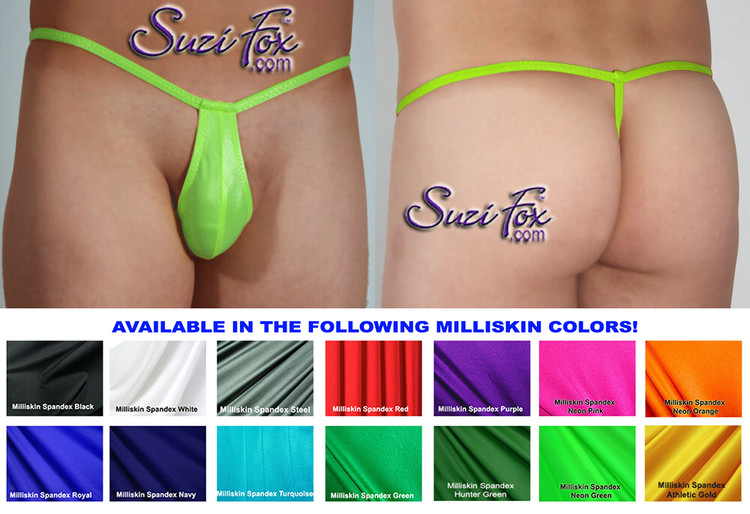 Men's Teardrop Pouch, G-String thong - shown in Neon Green Milliskin Tricot Spandex, custom made by Suzi Fox. 6 inch tall front shown.
• Our smallest, most revealing suit!
• Available in 3, 4, 5, 6, 7, and 8 inch front heights.
• Choose your pouch size!
• Wear as swimwear or underwear.
• You can choose any fabric on this site, including vinyl/PVC, Metallic Foil, Metallic Mystique, Wetlook Lycra Spandex, Milliskin Tricot Spandex. The vinyl/PVC is a latex alternative, great for people allergic to latex!
• Worldwide shipping.
• Made in the U.S.A.
We custom make every garment when you order it (including standard sizes).