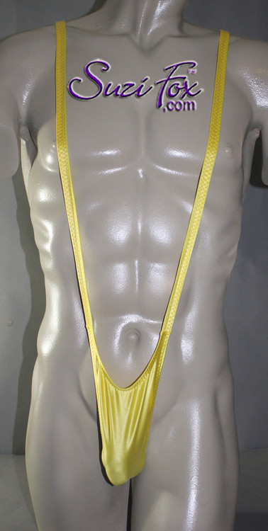 Men's Sling Thong Borat Style Mankini with Smooth Front, T-Back thong - shown in Yellow Milliskin Tricot Spandex, custom made by Suzi Fox.
• Available in black, white, red, royal blue, navy blue, sky blue, turquoise, purple, green, neon green, hunter green, neon pink, neon orange, athletic gold, yellow, steel gray Miilliskin Tricot spandex. This is a 4-way extreme stretch fabric with a slight shine. Light, airy, thin, and very comfortable! Lighter colors might be slightly see through when wet.

• Also available in any fabric on this site.
• Front height is 7 inches (17.8 cm).
• Made in the U.S.A.