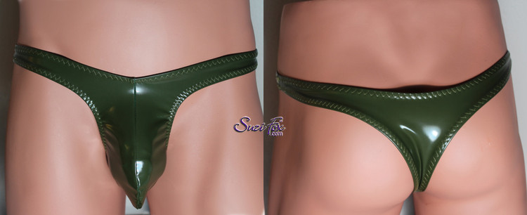 Mens Contoured Pouch Front, Wide Strap, T-Back thong shown in Army Green vinyl/PVC