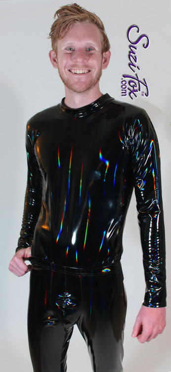 Mens long sleeve Tee Shirt shown in Holographic Gloss Black Vinyl/PVC Spandex, custom made by Suzi Fox.
• Holographic colors are like a laser light show! They change with the light.
• Optional wrist zippers if you choose long sleeves.
• Choose any fabric on this site, including vinyl/PVC, metallic foil, metallic mystique, wetlook lycra Spandex, Milliskin Tricot Spandex. The vinyl/PVC is a latex alternative, great for people allergic to latex!
• Optional custom sizing.
• Plus size available.
• Worldwide shipping.
• Made in the U.S.A.