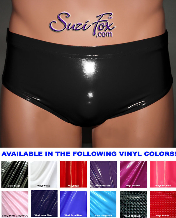 Men's Smooth Front, Brief Bikini, custom made by Suzi Fox
shown in Black stretch Vinyl/PVC coated spandex.
Available in gloss black, white, red, navy blue, royal blue, turquoise, neon pink, light pink, fuchsia, purple, matte black (no shine), matte white (no shine).
1 inch elastic at the waist.
Made in the U.S.A.