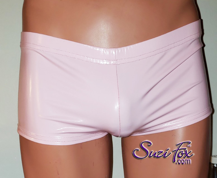 Mens Boy shorts shown in stretch light pink gloss vinyl/pvc coated spandex, custom made by Suzi Fox.